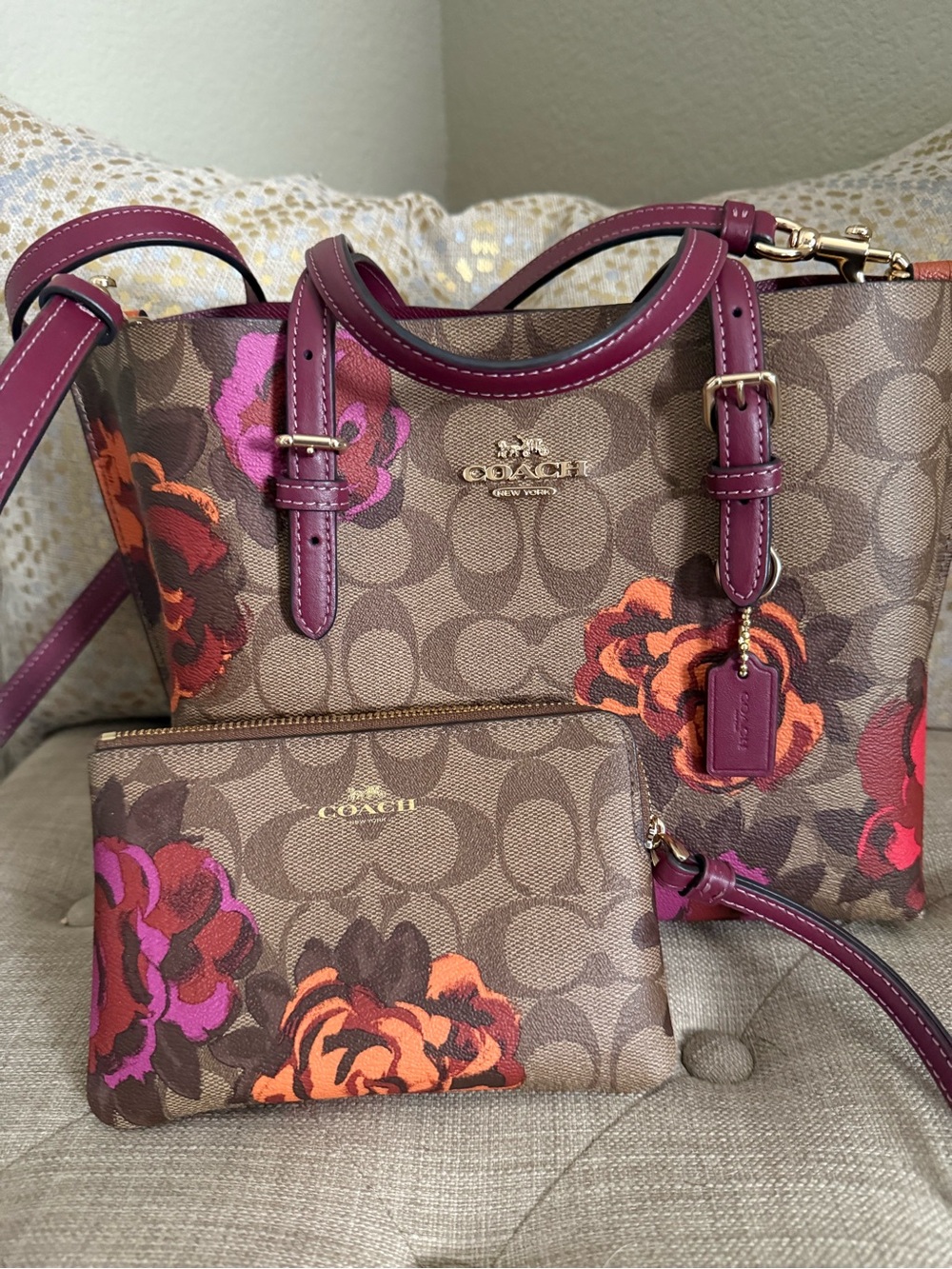 Coach Brown Signature Tote with Magenta and Orange Floral Accents